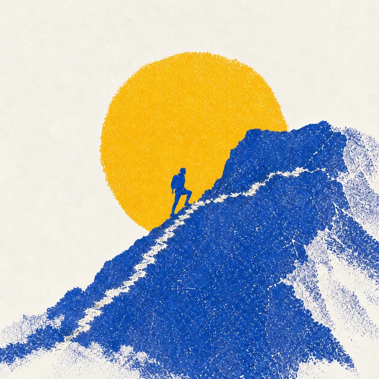 A person steadily climbing a rising mountain trail